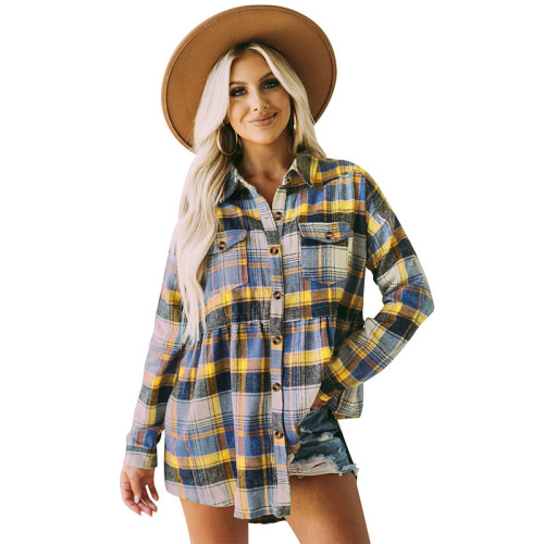 Women's Top Autumn and Winter New Polo Long Sleeve Pocket Casual Plaid Shirt Shirts