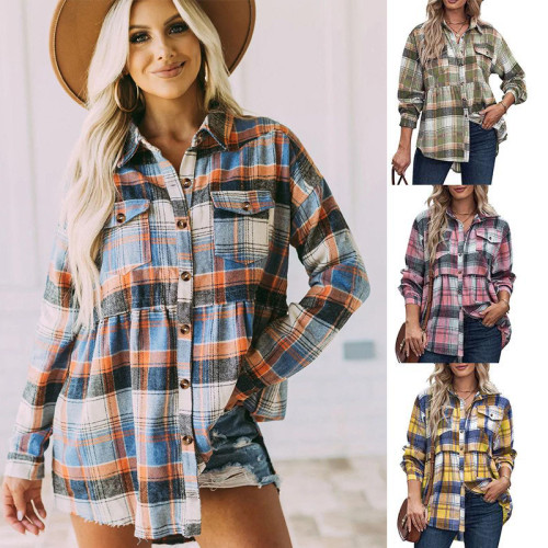 Women's Top Autumn and Winter New Polo Long Sleeve Pocket Casual Plaid Shirt Shirts