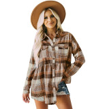 Women's Top Autumn and Winter New Polo Long Sleeve Pocket Casual Plaid Shirt Shirts