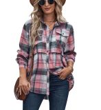 Women's Top Autumn and Winter New Polo Long Sleeve Pocket Casual Plaid Shirt Shirts