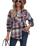 Women's Top Autumn and Winter New Polo Long Sleeve Pocket Casual Plaid Shirt Shirts
