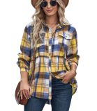 Women's Top Autumn and Winter New Polo Long Sleeve Pocket Casual Plaid Shirt Shirts