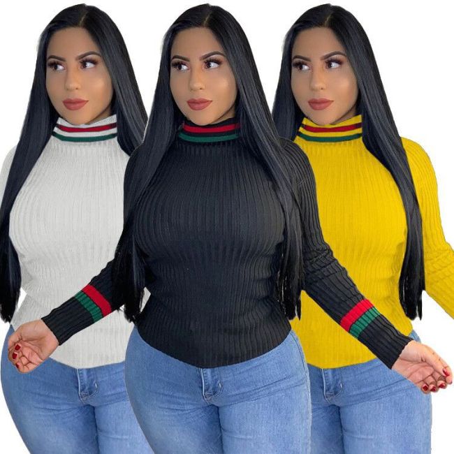 Women's Dress Quick sell Red and Green Stripe Half High Neck Pit Stripe Top Tops