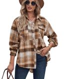 Women's Top Autumn and Winter New Polo Long Sleeve Pocket Casual Plaid Shirt Shirts