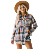 Women's Top Autumn and Winter New Polo Long Sleeve Pocket Casual Plaid Shirt Shirts