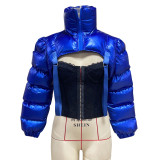 Winter Autumn Turtleneck Zipper Short Down Jackets Thick Irregular Coat Outwear Streetwear Long Sleeeve Backless Jacket