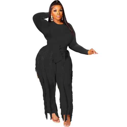 LY083 cross-border women's clothing tassel slim long two-piece set bodysuits BL025