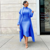 autumn and winter slim double side velvet belt dress cardigan plush loose long coat two-piece set