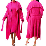 autumn and winter slim double side velvet belt dress cardigan plush loose long coat two-piece set
