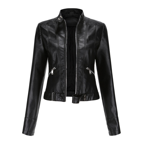 New Leather Women's Short Small Coat Spring and Autumn Stand Collar Women's Leather Jacket Cross border Women's Thin Leather Coat