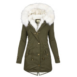 Plus size women's clothing Autumn and winter mid long windbreaker White wool collar hooded warm plush women's coat