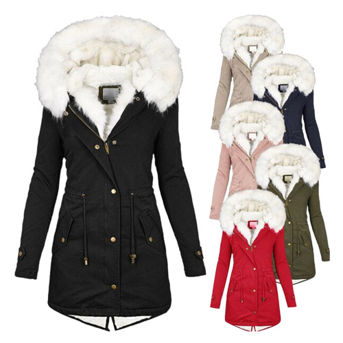 Plus size women's clothing Autumn and winter mid long windbreaker White wool collar hooded warm plush women's coat