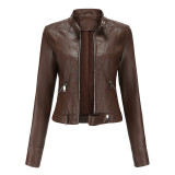 New Leather Women's Short Small Coat Spring and Autumn Stand Collar Women's Leather Jacket Cross border Women's Thin Leather Coat