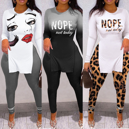 fashion casual women's autumn new style side split letter printing two-piece set