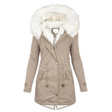 plus size women's clothing Autumn and winter mid long windbreaker White wool collar hooded warm plush women's coat