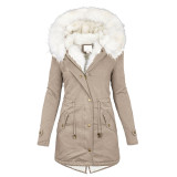 Plus size women's clothing Autumn and winter mid long windbreaker White wool collar hooded warm plush women's coat