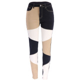 new blue and black double color splicing street trendy cotton wash jeans high waist women's trousers