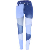 new blue and black double color splicing street trendy cotton wash jeans high waist women's trousers
