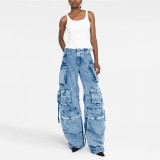 New Fashion Smoky Grey Multi Pocket Workwear Street Wash Old Long Wide Leg Jeans Pants