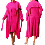 plus size autumn and winter slim double side velvet belt dress cardigan plush loose long coat two-piece set