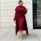plus size autumn and winter slim double side velvet belt dress cardigan plush loose long coat two-piece set