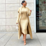 plus size autumn and winter slim double side velvet belt dress cardigan plush loose long coat two-piece set