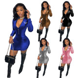 YG9088 Sexy Fashion Cheongsam Style Zipper Velvet Solid Dress