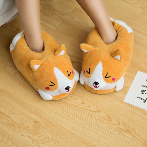 Keji Cotton Shoes Cute Chai Dog Flat Bottom Non slip Warm Bag Heel Cotton Slippers Cartoon Winter Home Slippers