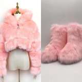 Winter fashion designer lady girls sets furry women shoes snow women's boots with matching fur jacket coat