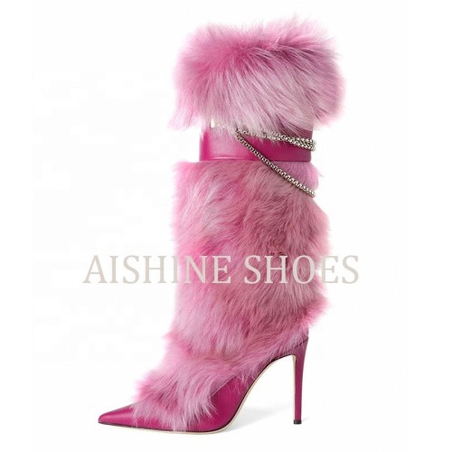 AB237MD custom fashion chain fur high heel boots women pointed toe stiletto women ankle boots