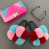 Fashion big sunglasses matching colorful fluffy real fur slippers and bags set for lady women
