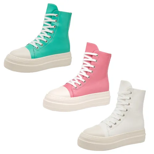 Hot Selling Thick Soled High Top Casual Side Zipper Lace Up Canvas Fashion Pu Chunky Ladies Sneakers Women's Shoes