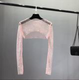Crystals French Style Waistcoat Drill Women's Short Top Shawl Summer Casual Tshirt Thin Half Long Sleeve Pullover