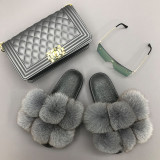 Fashion big sunglasses matching colorful fluffy real fur slippers and bags set for lady women