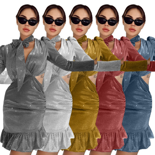 Women's New Fashion Long Sleeve Dress V-shaped Bow Neck Skirt Dress Women Bodycon Sexy Dress