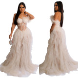 luxury expensive backless red mesh sheer yarn transparent puff long train ball wedding white dress free shipping for women
