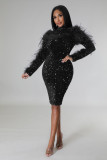 Sexy Sequins Glitter Celebrity Black Sequin Evening Dresses Sequin Tight Short Dresses Elegant Feather Women Party Dresses