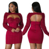 CY900172 New Design Women Party Wear Dress Long Sleeve Waistcoat 2 Piece Set Bodycon  Divided Fishbone Front Mini Dresses