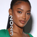 Customized Rhinestone New Year 2023 Pendant Long Drop Earrings Jewelry for Women Crystal Digital 2023 Dangle Hanging Earrings