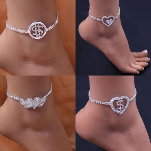 INS More Styles Crystal Dollar Money Sign Foot Anklet Chain Beach Jewelry for Women Rhinestone Heart Leg Ankle Bracelet Footwear