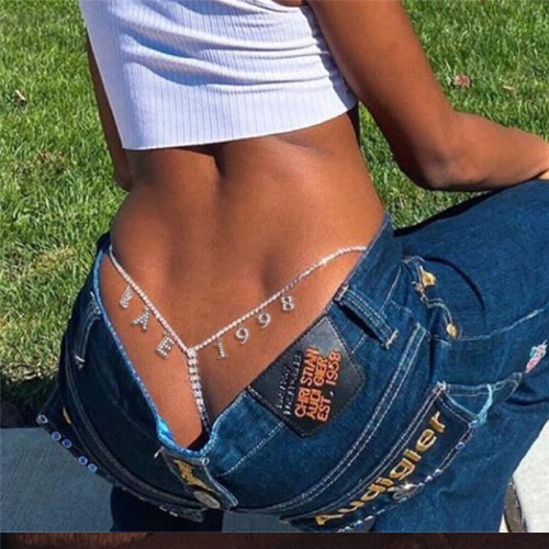 2022 Latest Sexy Women Custom Initial Letters Pendant Waist Chain Belly Chain Bling  Rhinestone Crystal Birth Year Thong Chain