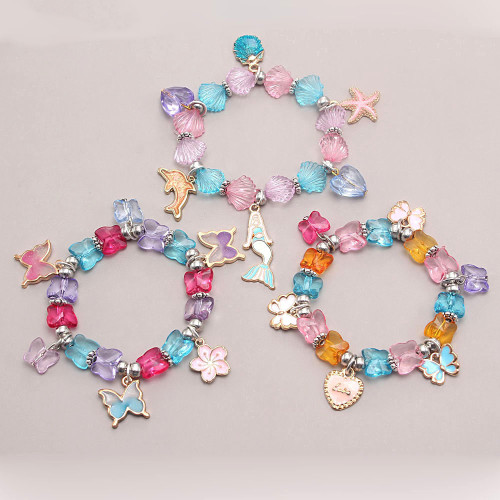 Wholesale Cartoon Shell Butterfly Resin Glass Beads Kids Bracelet For Little Girls