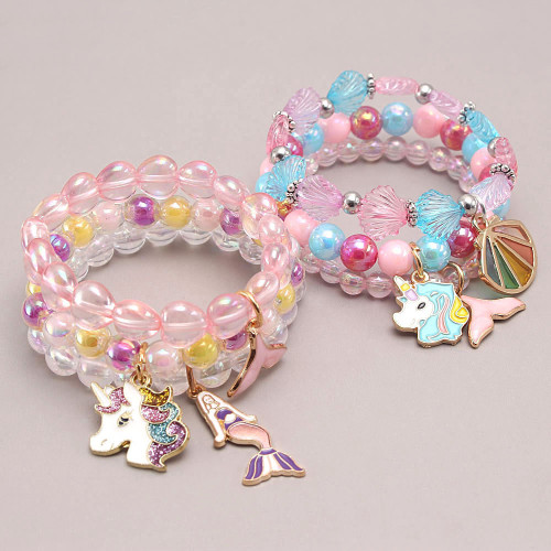 New Fashion Children Pearl Lovely Cartoon Unicorn Pink Color Little Girl Beaded Charm Bracelet For Kids