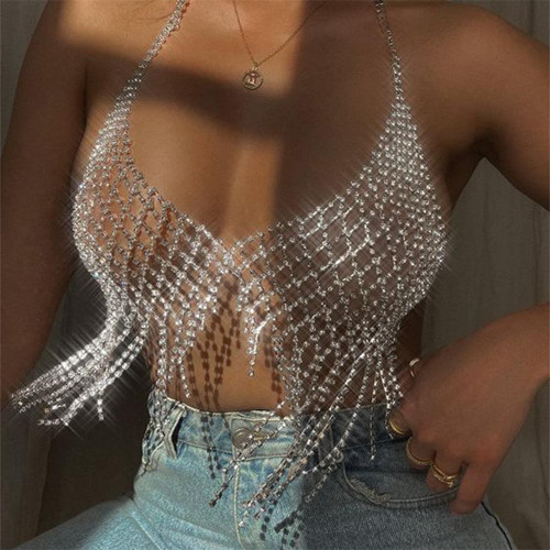 Nightclubs Shiny Tassel Chest Necklace Grid Rhinestone Body Chains