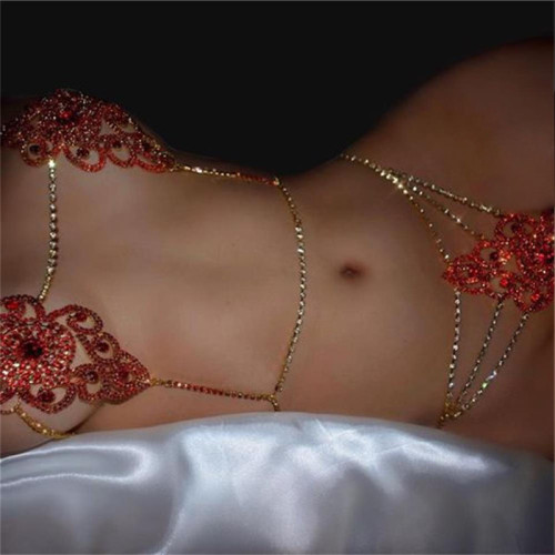INS new fashion trend flower style body chain set red crystal shiny sexy bikini body jewelry