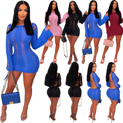 women's clothing sexy thin long-sleeved top round neck dress dresses