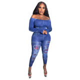 Y1883 new spring denim positioning printing fashion two-piece suit bodysuits