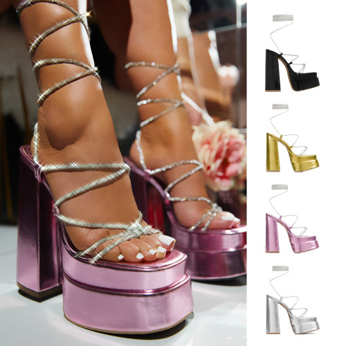 New high-heeled heels fashion rhinestone binding waterproof platform thick soled fashion shoes for women