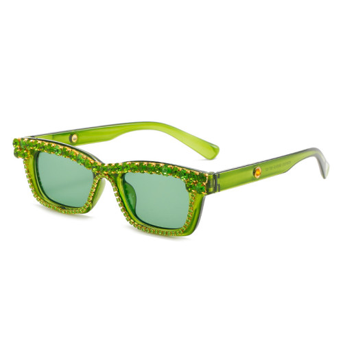 2022 Hot selling rectangle transparent rhinestone sun glasses square small frame green women diamond sunglasses