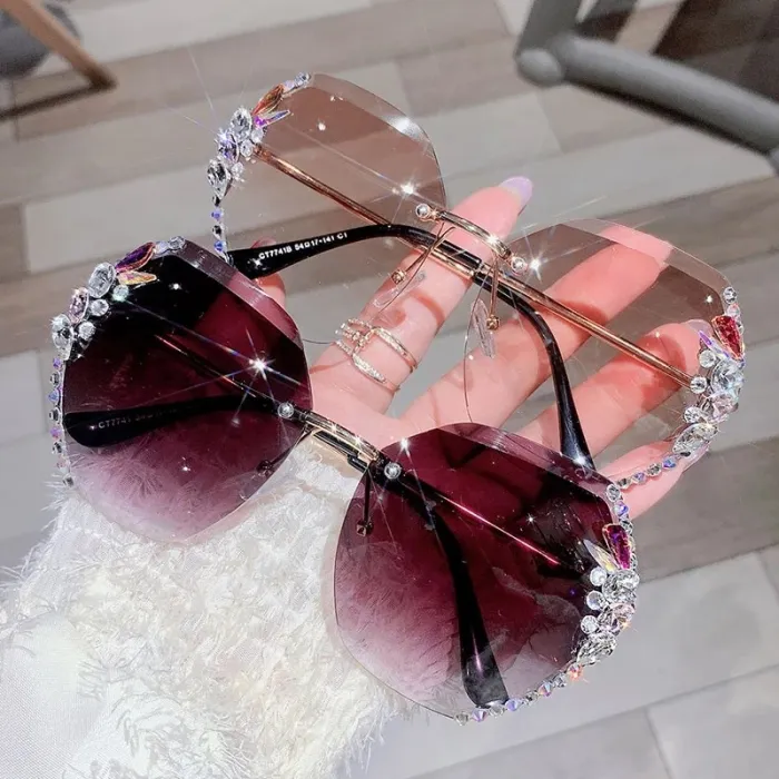 2023 Trending Bling diamond Vintage Rimless Rhinestone Sunglasses Women Men Retro Cutting Lens Gradient Sun Glasses Female UV400